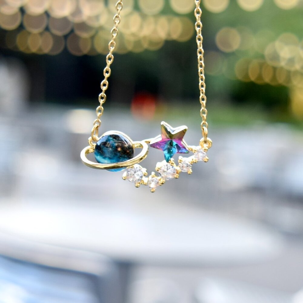 Blue Purple Planet Star Charm Golden Necklace